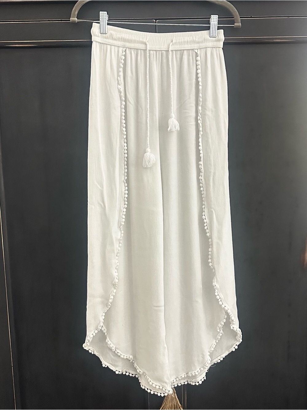 Boho White Beach Pants with Tassel Waist -S